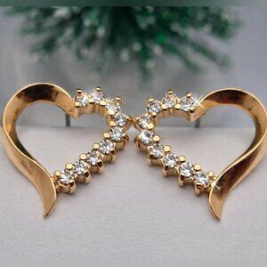 Gold Tone Heart Stud Earrings Sparkling CZ Accents Excellent Condition